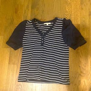 Loft Mixed Media sweater shirt. Puff sleeves and button details